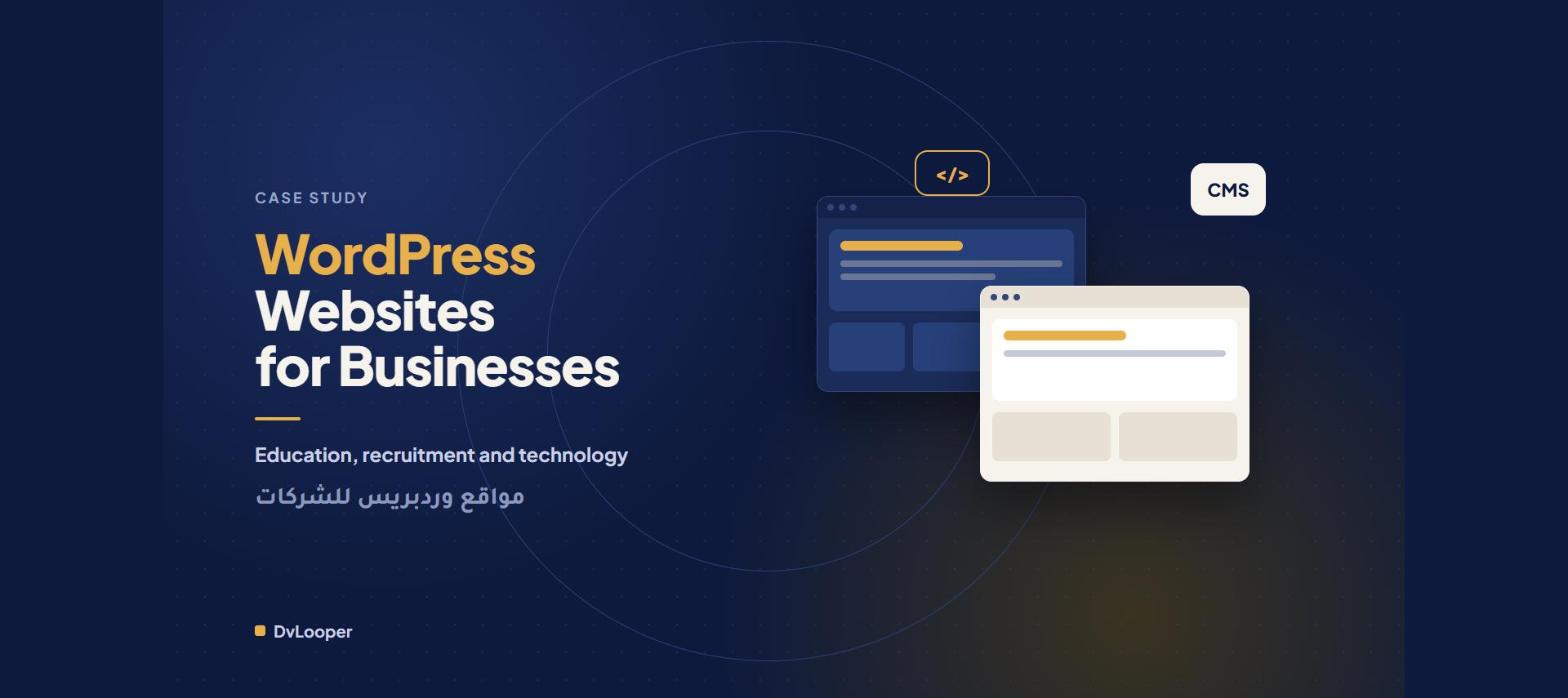 WordPress websites for businesses: case study cover with two stacked browser windows and a CMS badge