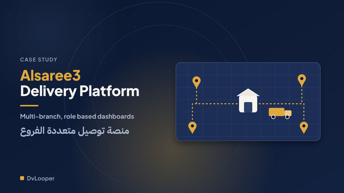 Alsaree3 case study cover: a multi-branch delivery platform with a warehouse, branches and a delivery truck